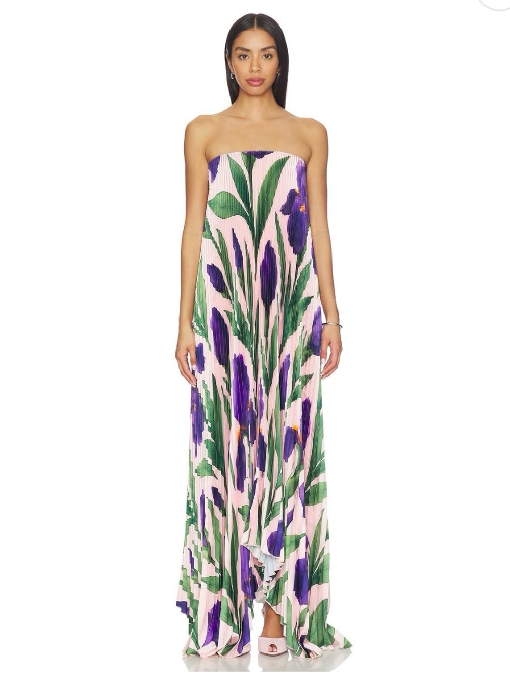 L’idee Bisous Strapless Gown in Iris Garden; Floral Pleated Strapless Maxi Dress